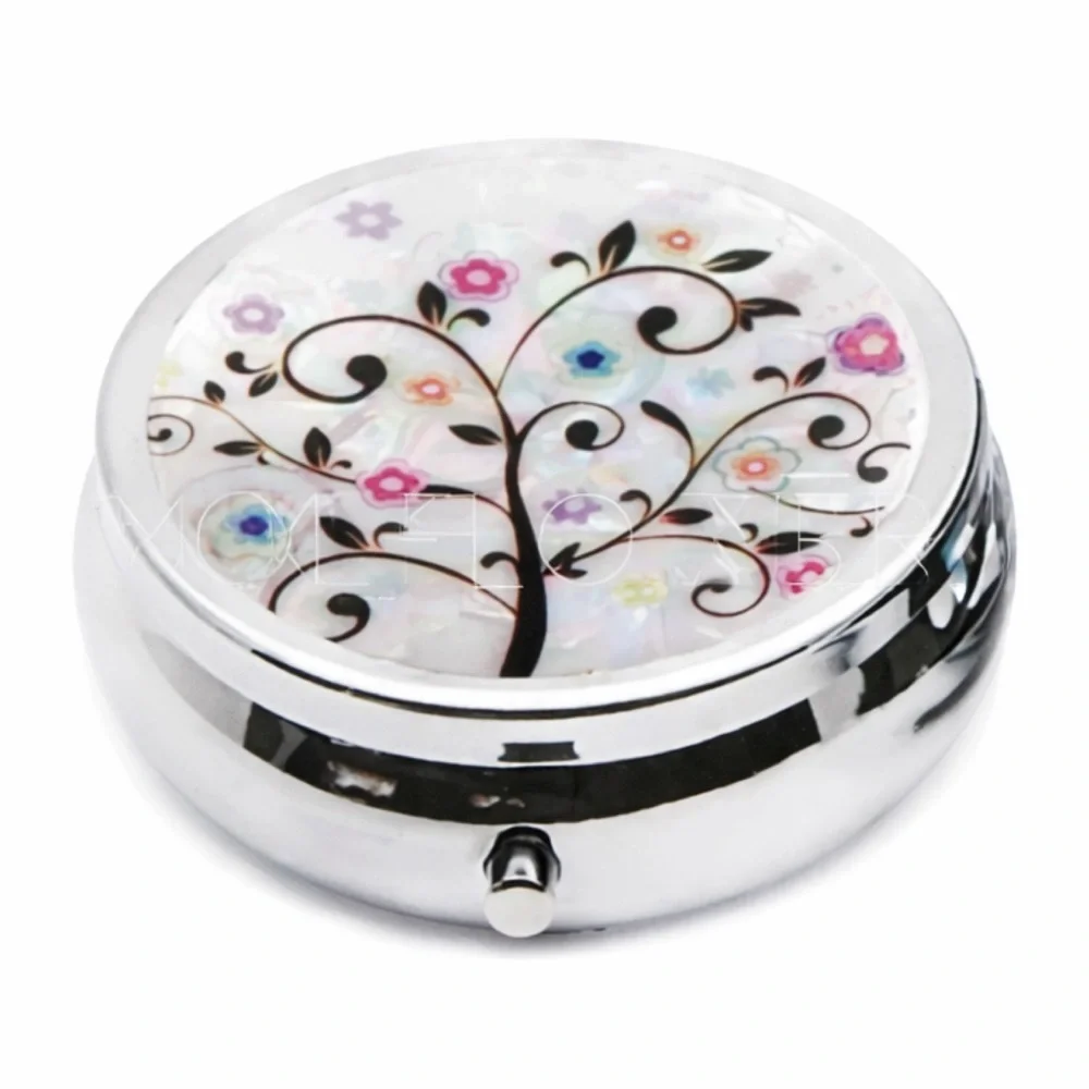 Floral Tree of Life Pill Box Mirror 3 Compartment Travel Case
